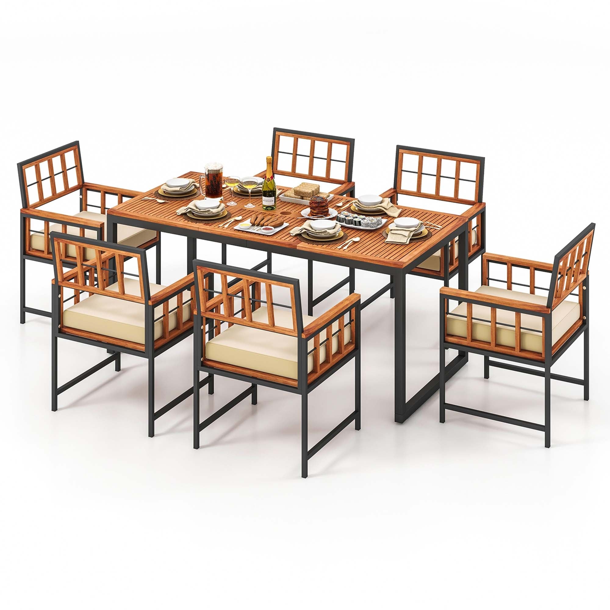 Ensemble de salle à manger d'extérieur Costway 7 pièces avec table en bois d'acacia et coussins moelleux - Voir les détails