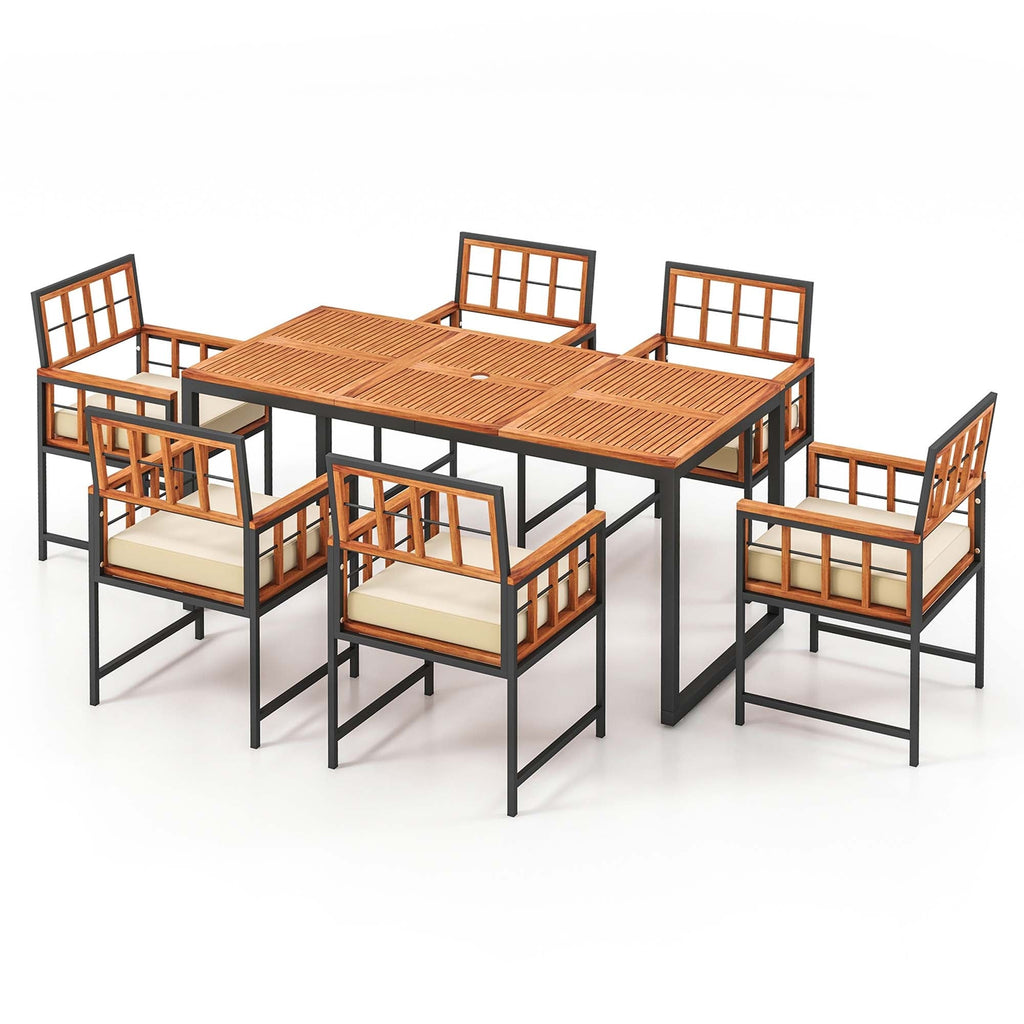 Ensemble de salle à manger d'extérieur Costway 7 pièces avec table en bois d'acacia et coussins moelleux - Voir les détails