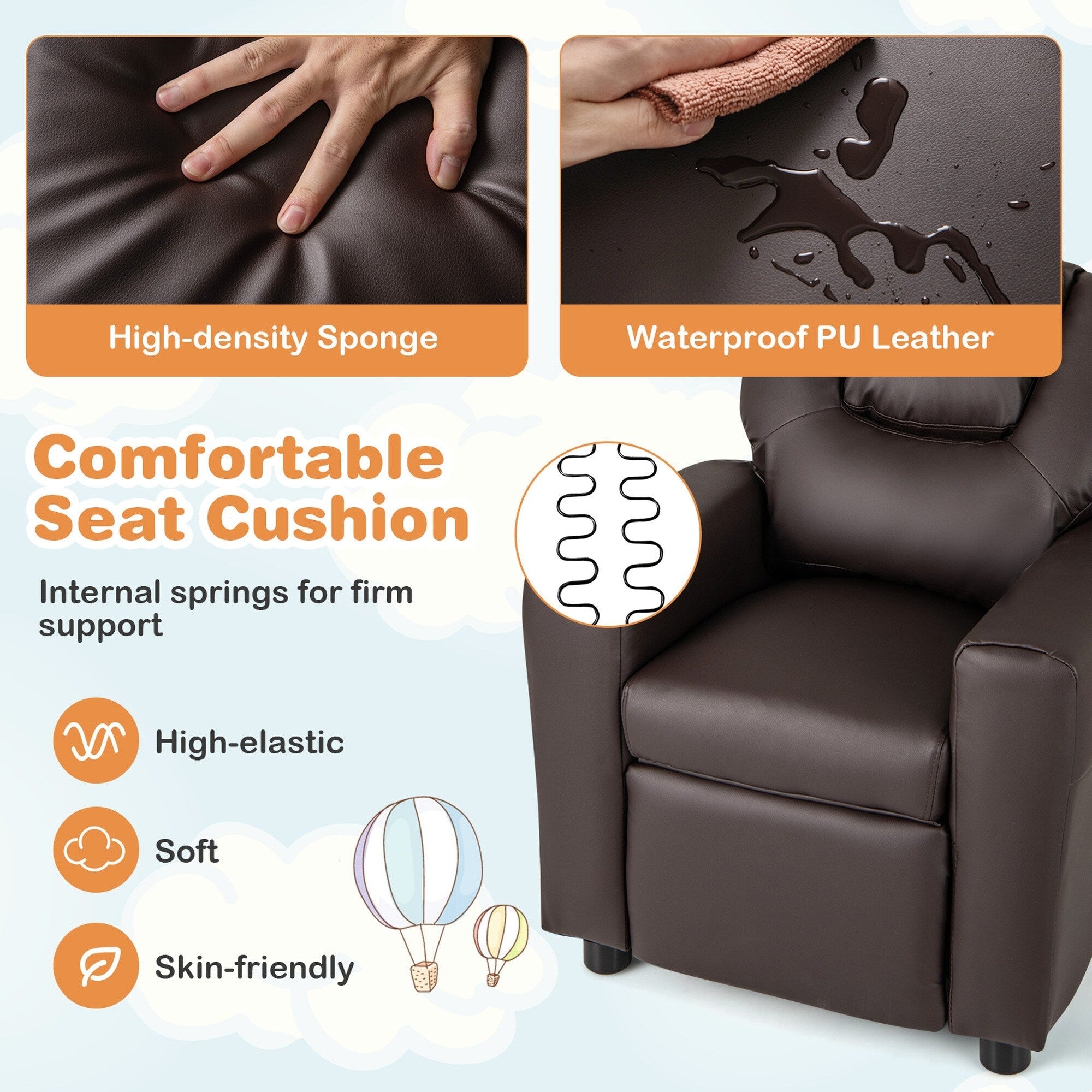 Fauteuil inclinable pour enfants Costway avec porte-gobelet et poche latérale réglable