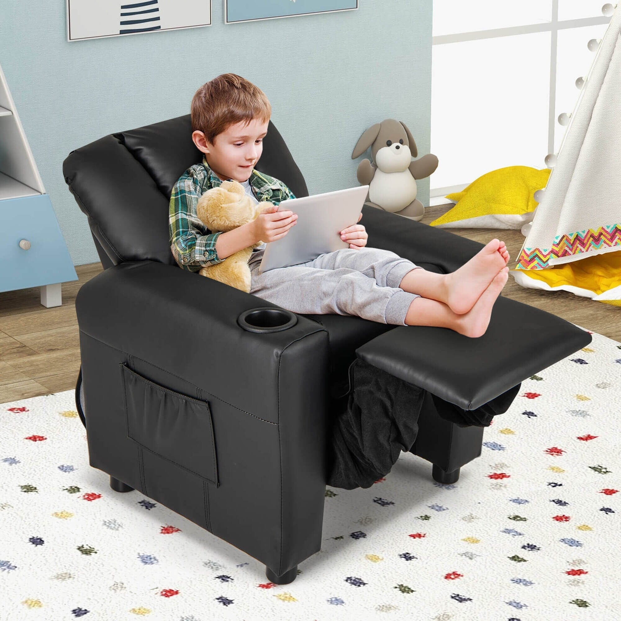 Fauteuil inclinable pour enfants Costway avec porte-gobelet et poche latérale réglable