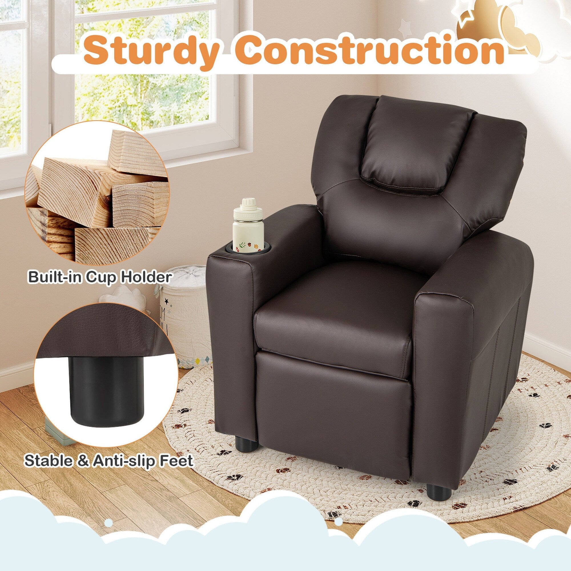 Fauteuil inclinable pour enfants Costway avec porte-gobelet et poche latérale réglable