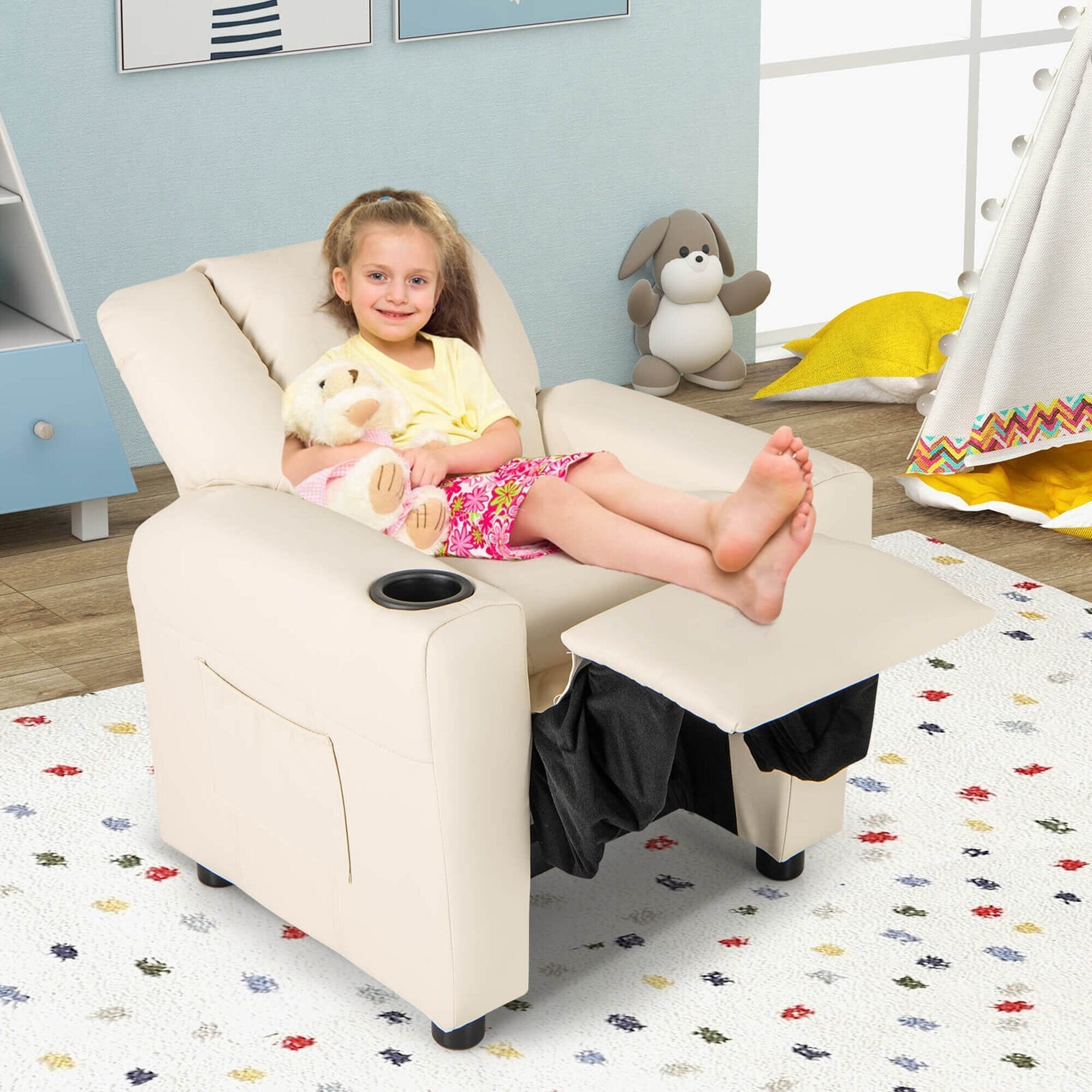 Fauteuil inclinable pour enfants Costway avec porte-gobelet et poche latérale réglable