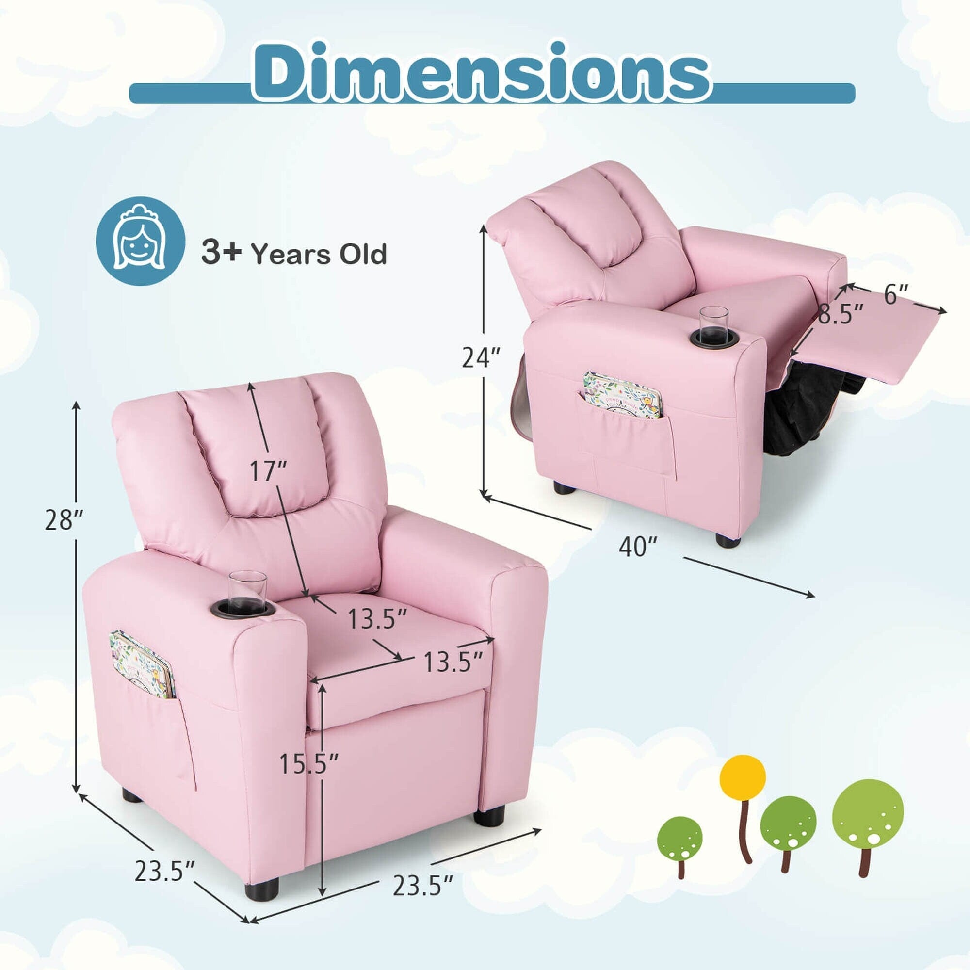 Fauteuil inclinable pour enfants Costway avec porte-gobelet et poche latérale réglable