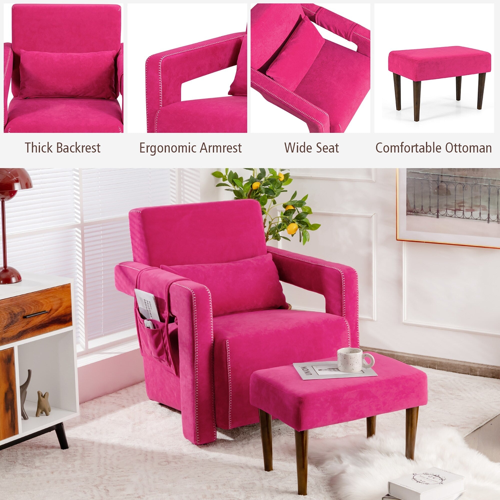 Fauteuil simple en polaire berbère moderne Costway avec pouf et ceinture - 31'' x 31'' x 34,5''