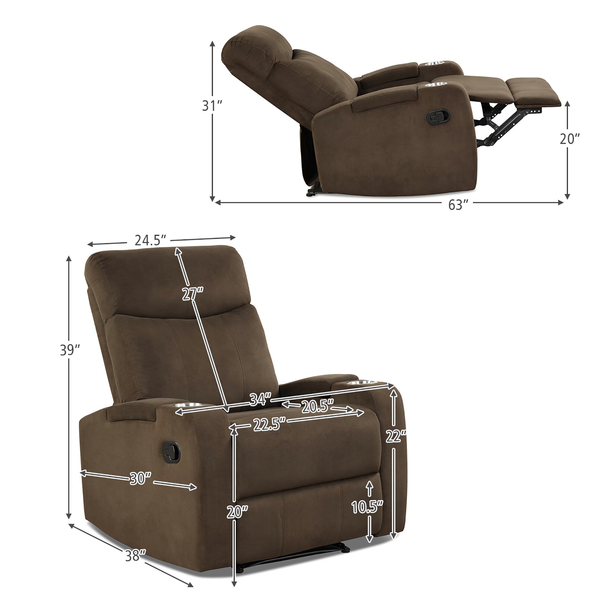 Fauteuil inclinable Costway, canapé simple, avec rangement pour accoudoirs et tasse