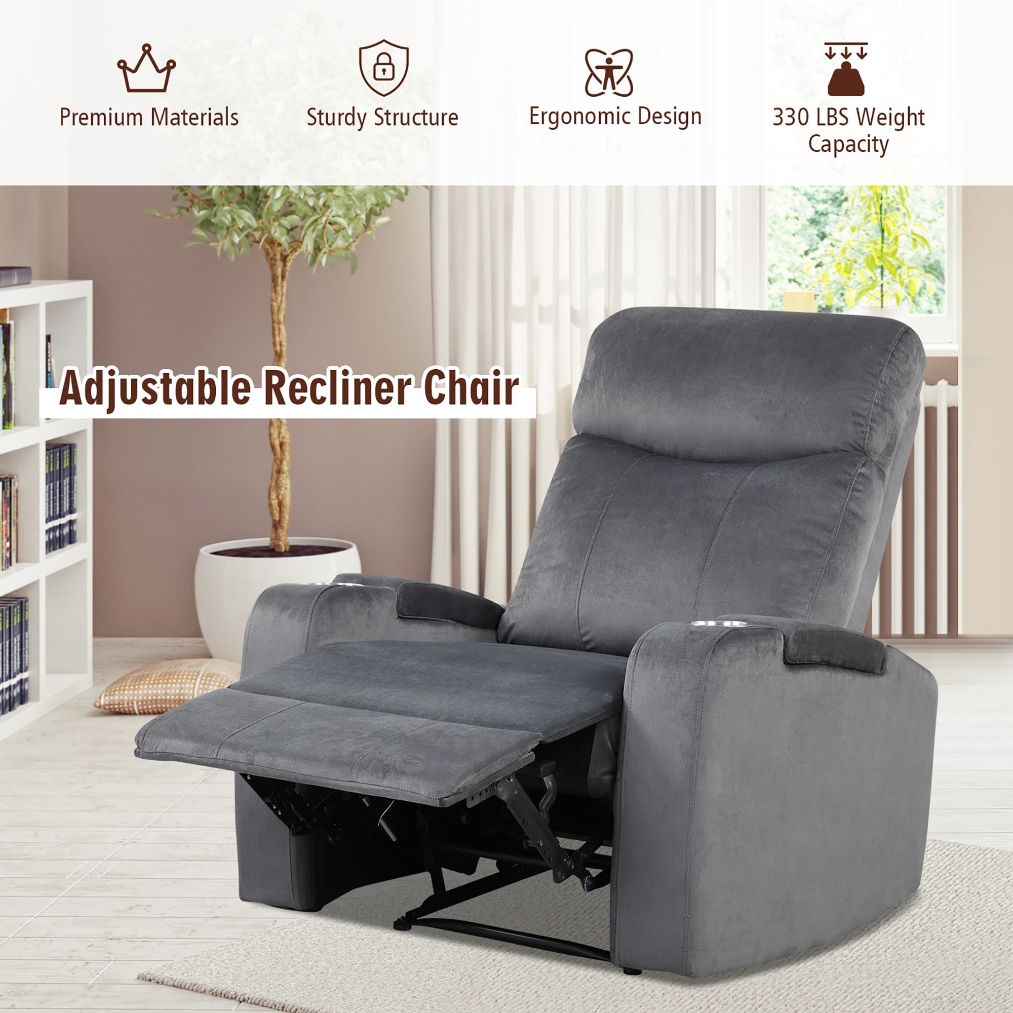 Fauteuil inclinable Costway, canapé simple, avec rangement pour accoudoirs et tasse