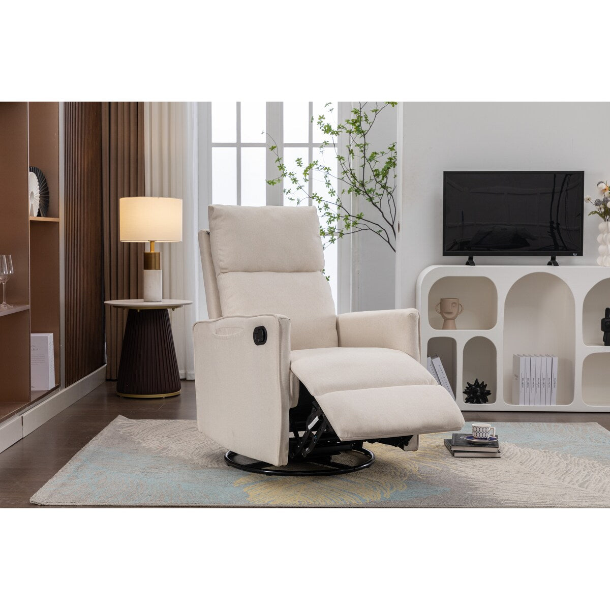 Fauteuil à bascule pivotant en coton et lin, fauteuil inclinable avec dossier réglable et repose-pieds pour chambre d'enfant