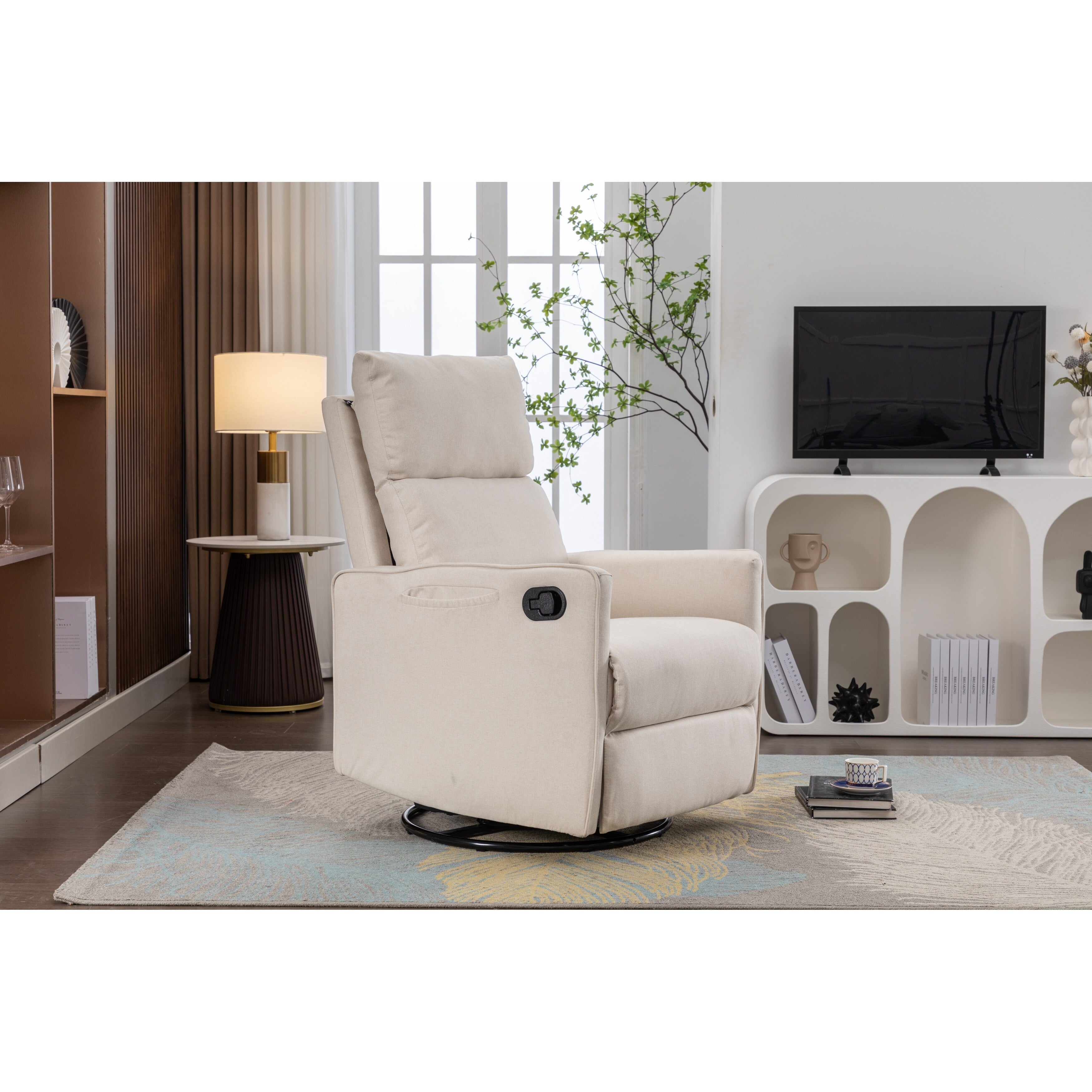 Fauteuil à bascule pivotant en coton et lin avec dossier et repose-pieds réglables