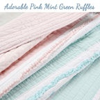 Cozy Line Home Fashions Parure de lit en coton à volants et étoiles à rayures pastel, motif floral brodé, rose clair, pêche, bleu et blanc