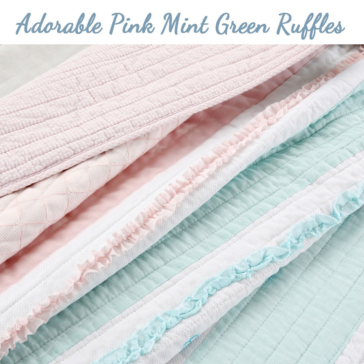 Cozy Line Home Fashions Parure de lit en coton à volants et étoiles à rayures pastel, motif floral brodé, rose clair, pêche, bleu et blanc