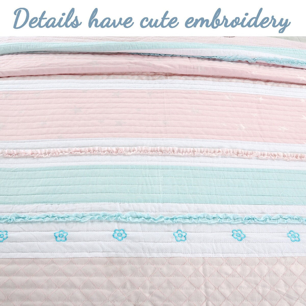 Cozy Line Home Fashions Parure de lit en coton à volants et étoiles à rayures pastel, motif floral brodé, rose clair, pêche, bleu et blanc