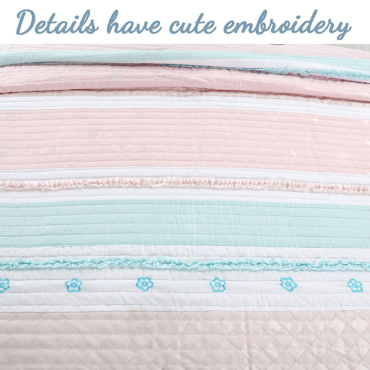 Cozy Line Home Fashions Parure de lit en coton à volants et étoiles à rayures pastel, motif floral brodé, rose clair, pêche, bleu et blanc