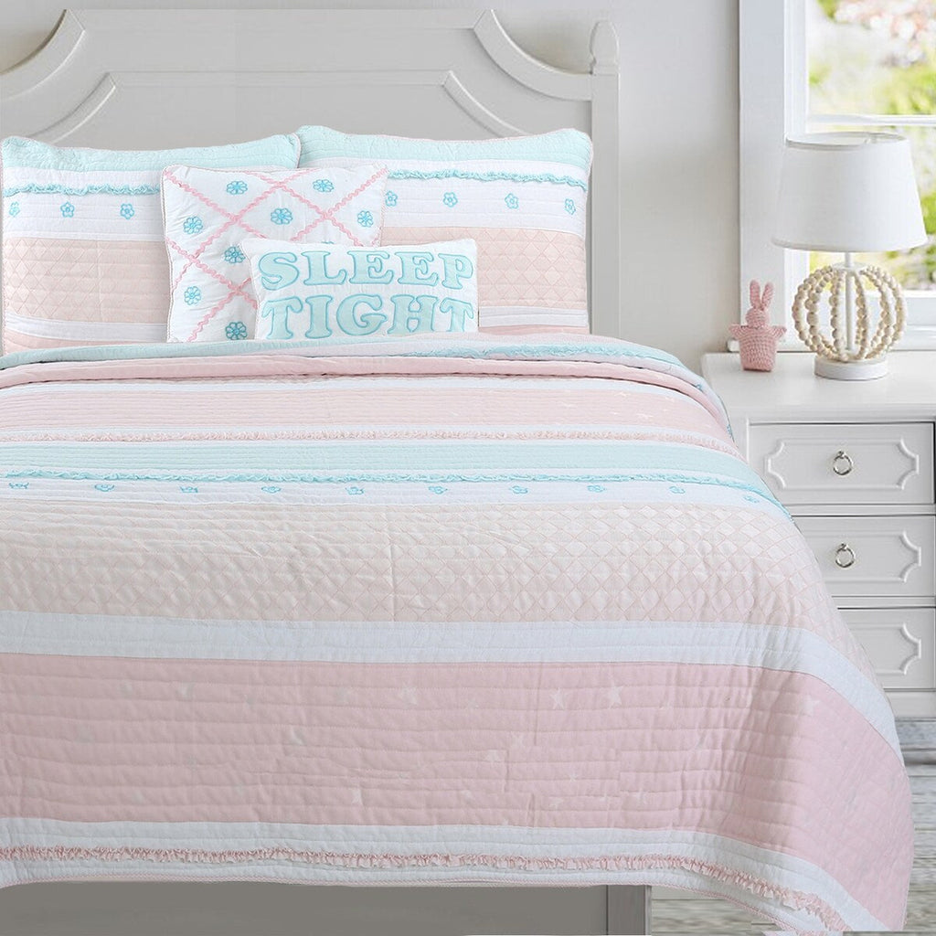 Cozy Line Home Fashions Parure de lit en coton à volants et étoiles à rayures pastel, motif floral brodé, rose clair, pêche, bleu et blanc