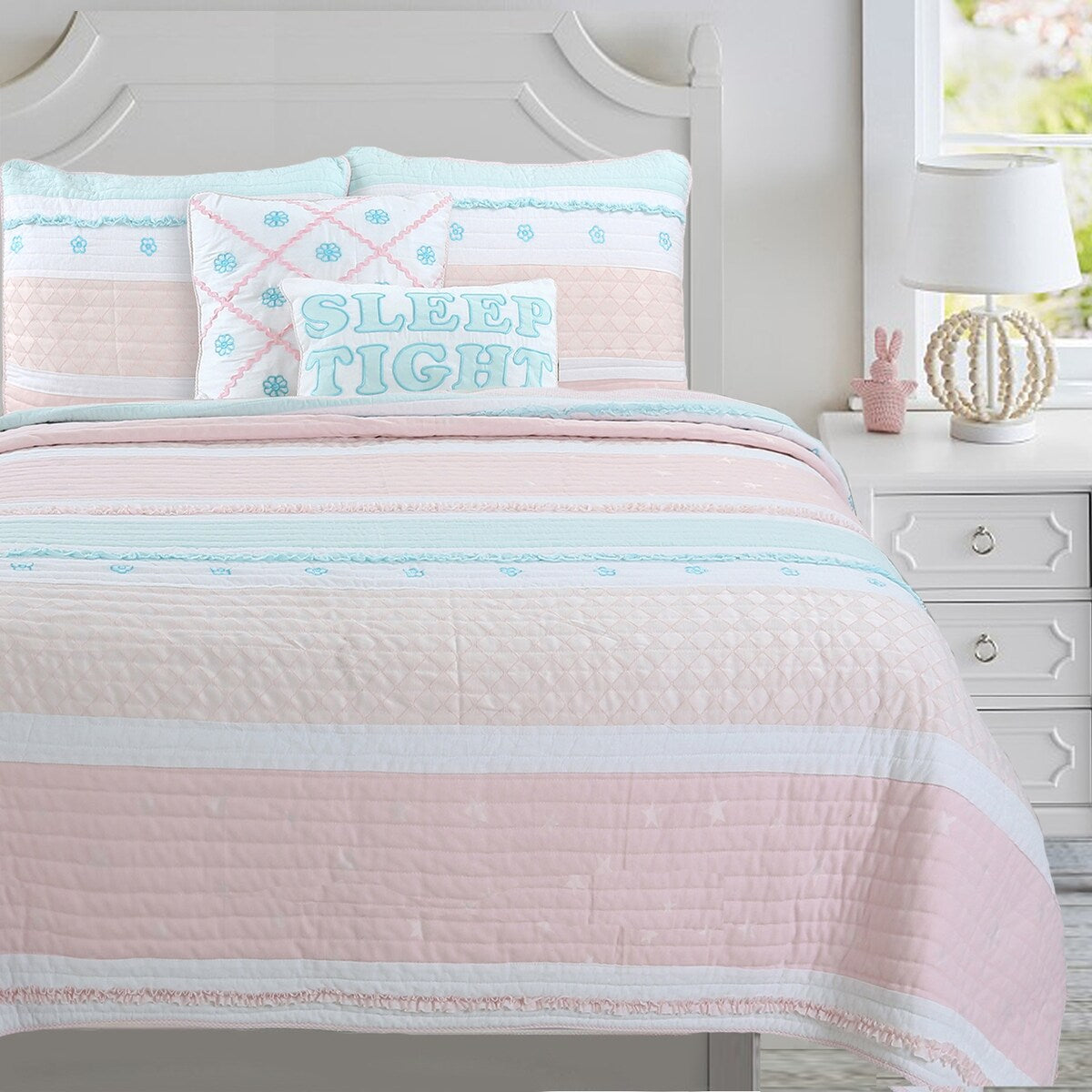 Cozy Line Home Fashions Parure de lit en coton à volants et étoiles à rayures pastel, motif floral brodé, rose clair, pêche, bleu et blanc