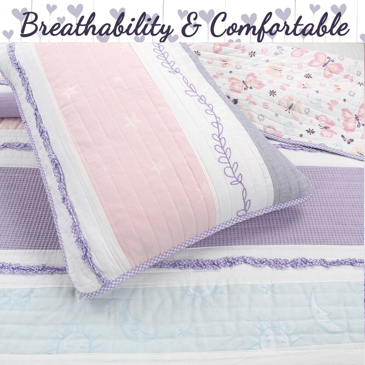 Cozy Line Home Fashions Parure de lit en coton rose et violet avec motif floral rayé, motif vigne, étoile, papillon et volants brodés