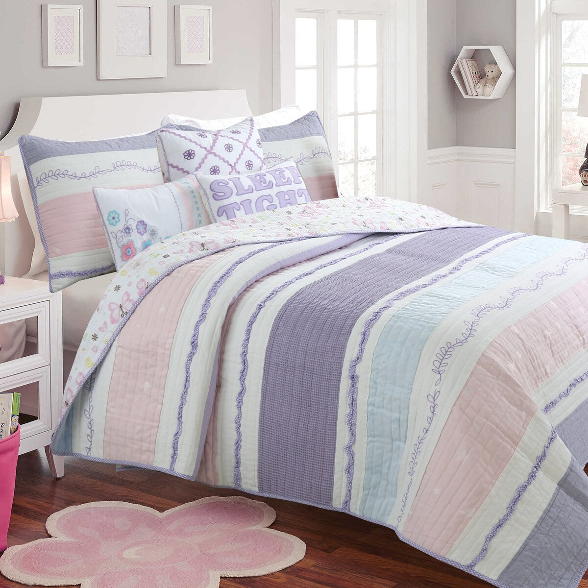 Cozy Line Home Fashions Parure de lit en coton rose et violet avec motif floral rayé, motif vigne, étoile, papillon et volants brodés