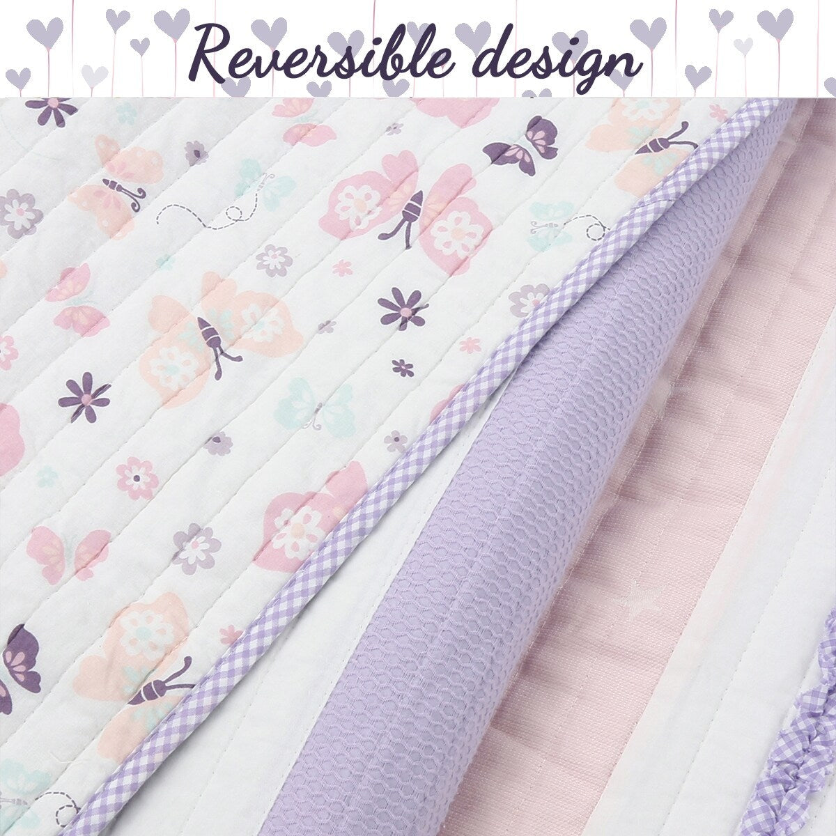 Cozy Line Home Fashions Parure de lit en coton rose et violet avec motif floral rayé, motif vigne, étoile, papillon et volants brodés