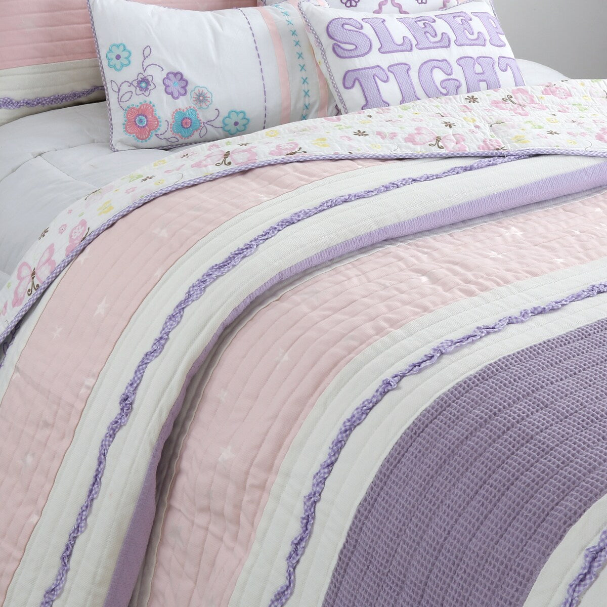 Cozy Line Home Fashions Parure de lit en coton rose et violet avec motif floral rayé, motif vigne, étoile, papillon et volants brodés