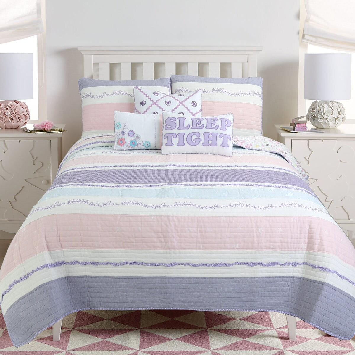 Cozy Line Home Fashions Parure de lit en coton rose et violet avec motif floral rayé, motif vigne, étoile, papillon et volants brodés