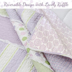 Parure de lit réversible en coton à rayures lilas, violet, vert, pois, carreaux, volants blancs, patchwork