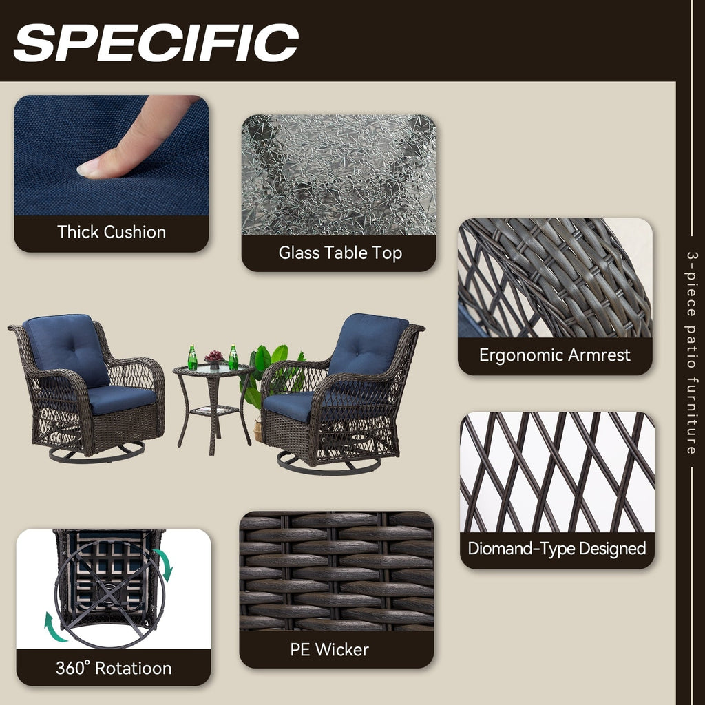 Ensemble de 3 chaises à bascule pivotantes en osier marron pour l'extérieur