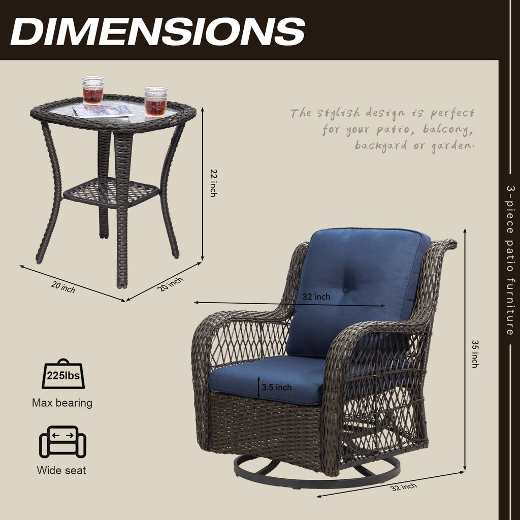 Ensemble de 3 chaises à bascule pivotantes en osier marron pour l'extérieur