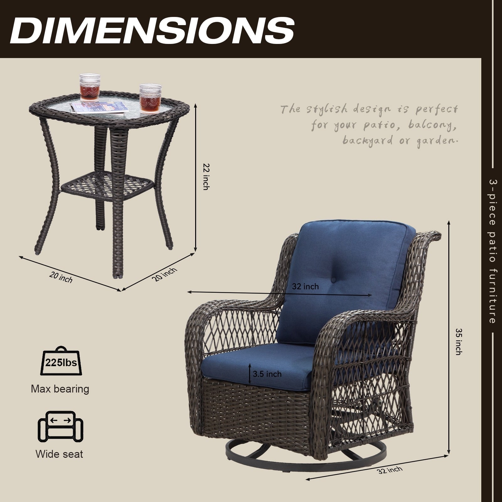 Ensemble de 3 chaises à bascule pivotantes en osier marron pour l'extérieur