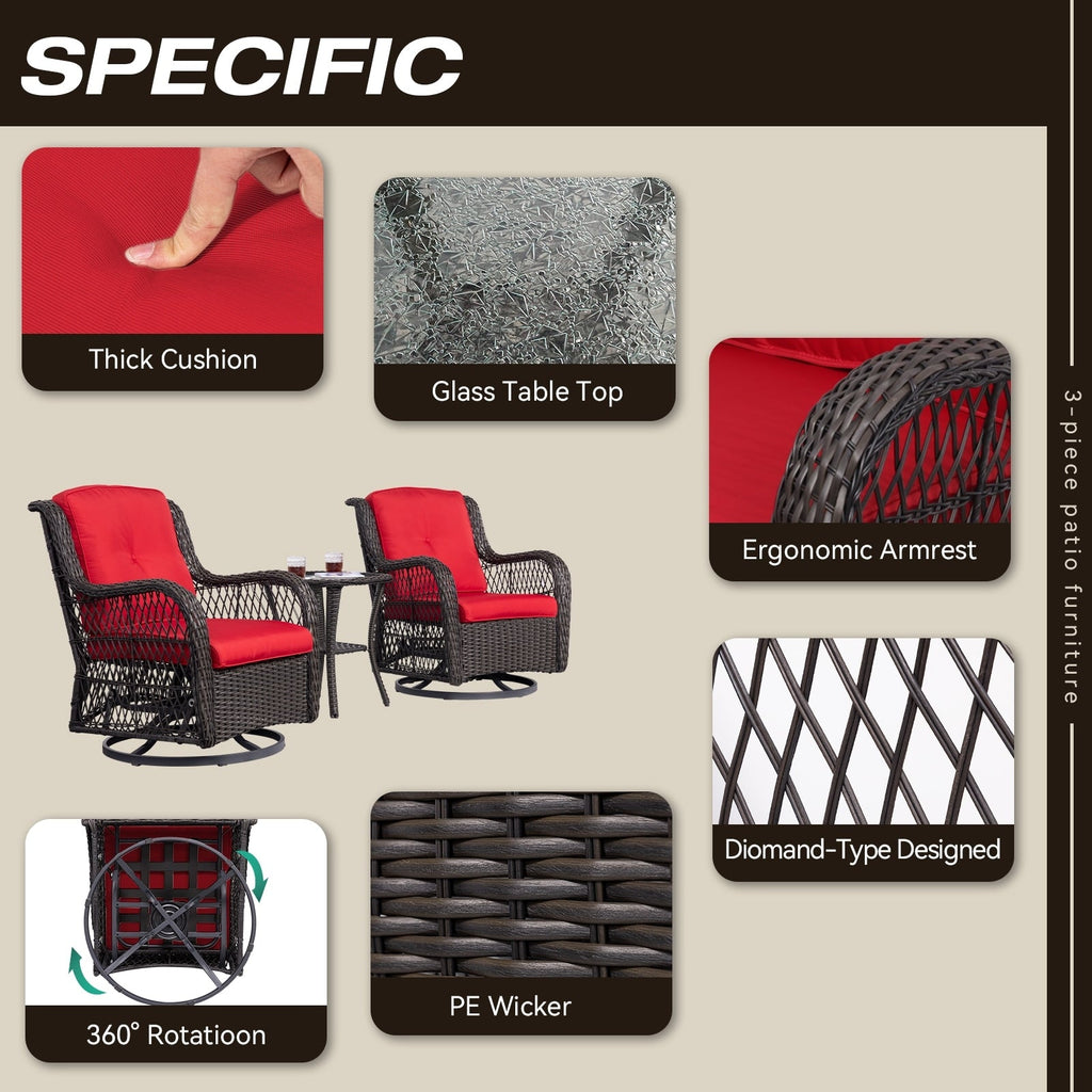 Ensemble de 3 chaises à bascule pivotantes en osier marron pour l'extérieur