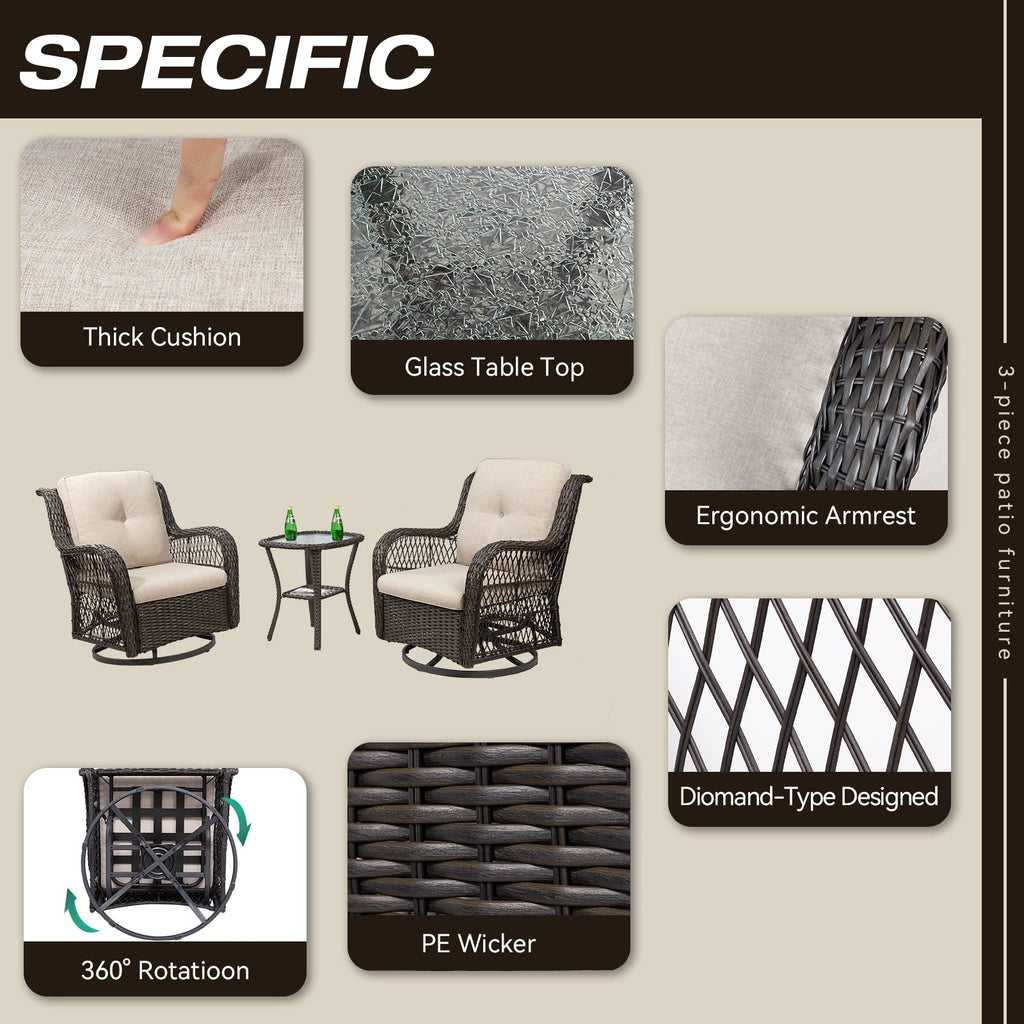 Ensemble de 3 chaises à bascule pivotantes en osier marron pour l'extérieur