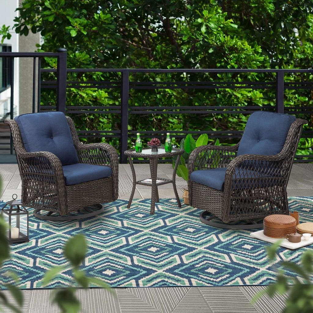 Ensemble de 3 chaises à bascule pivotantes en osier marron pour l'extérieur