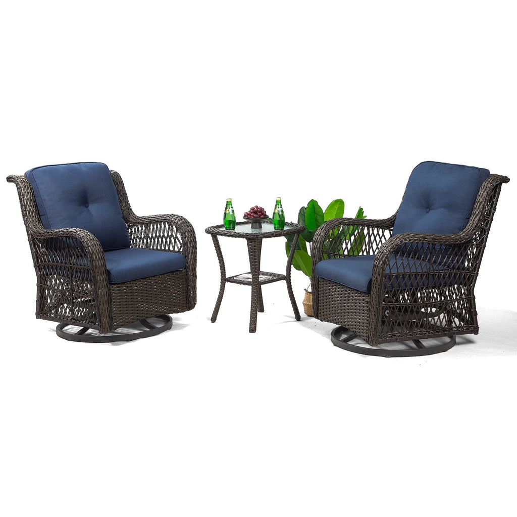 Ensemble de 3 chaises à bascule pivotantes en osier marron pour l'extérieur