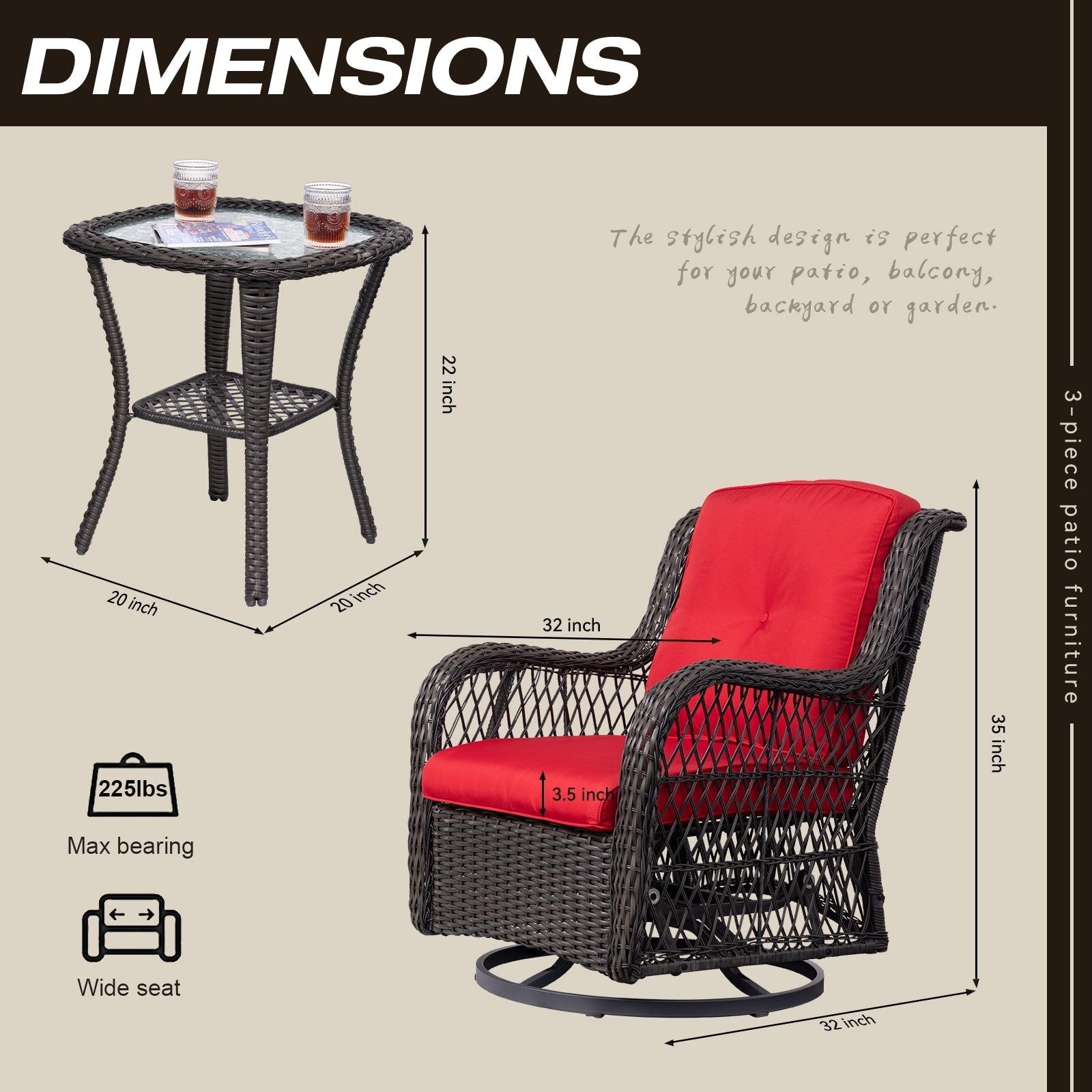Ensemble de 3 chaises à bascule pivotantes en osier marron pour l'extérieur