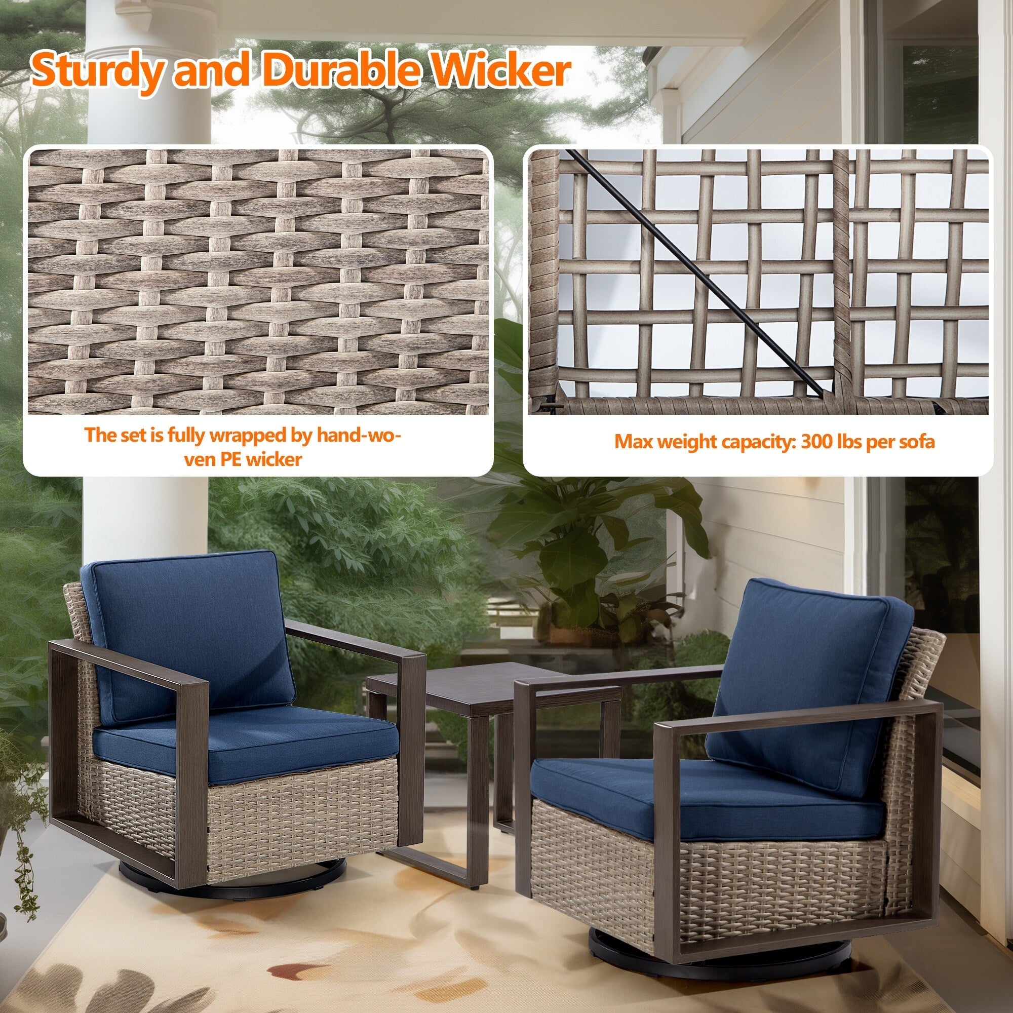 Ensemble de 3 chaises à bascule pivotantes d'extérieur Cozywor avec table d'appoint