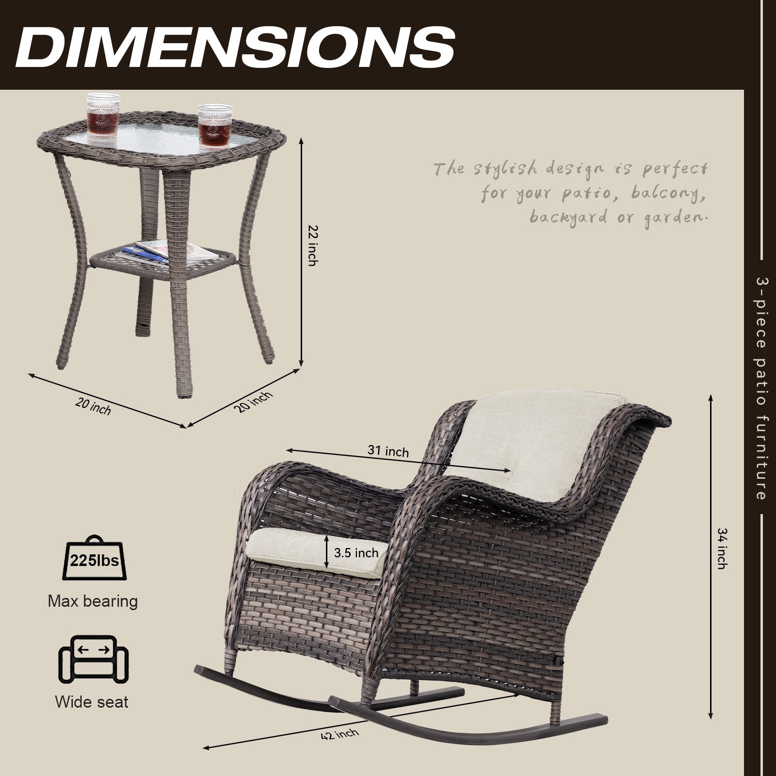Ensemble de 3 chaises à bascule d'extérieur en osier Cozywor