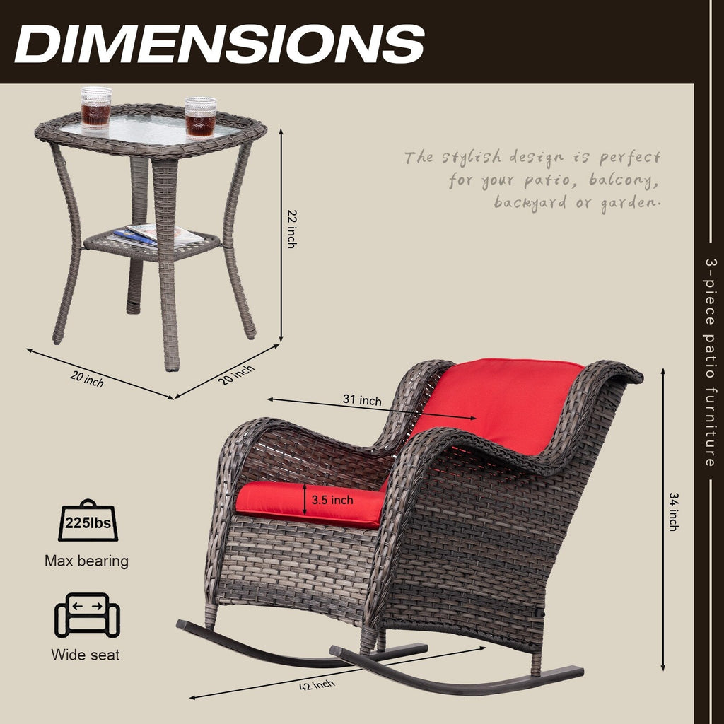 Ensemble de 3 chaises à bascule d'extérieur en osier Cozywor