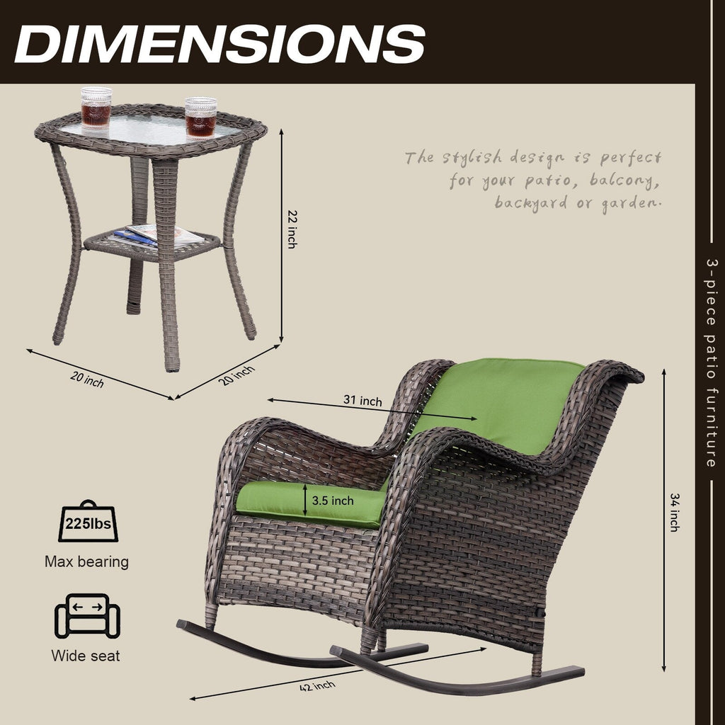 Ensemble de 3 chaises à bascule d'extérieur en osier Cozywor