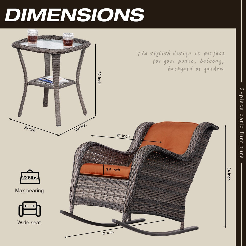 Ensemble de 3 chaises à bascule d'extérieur en osier Cozywor