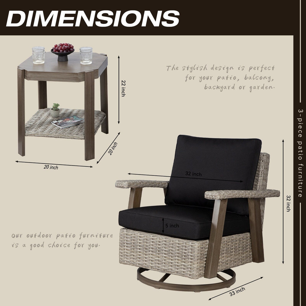 Ensemble de 3 chaises pivotantes à bascule en osier pour patio Cozywor