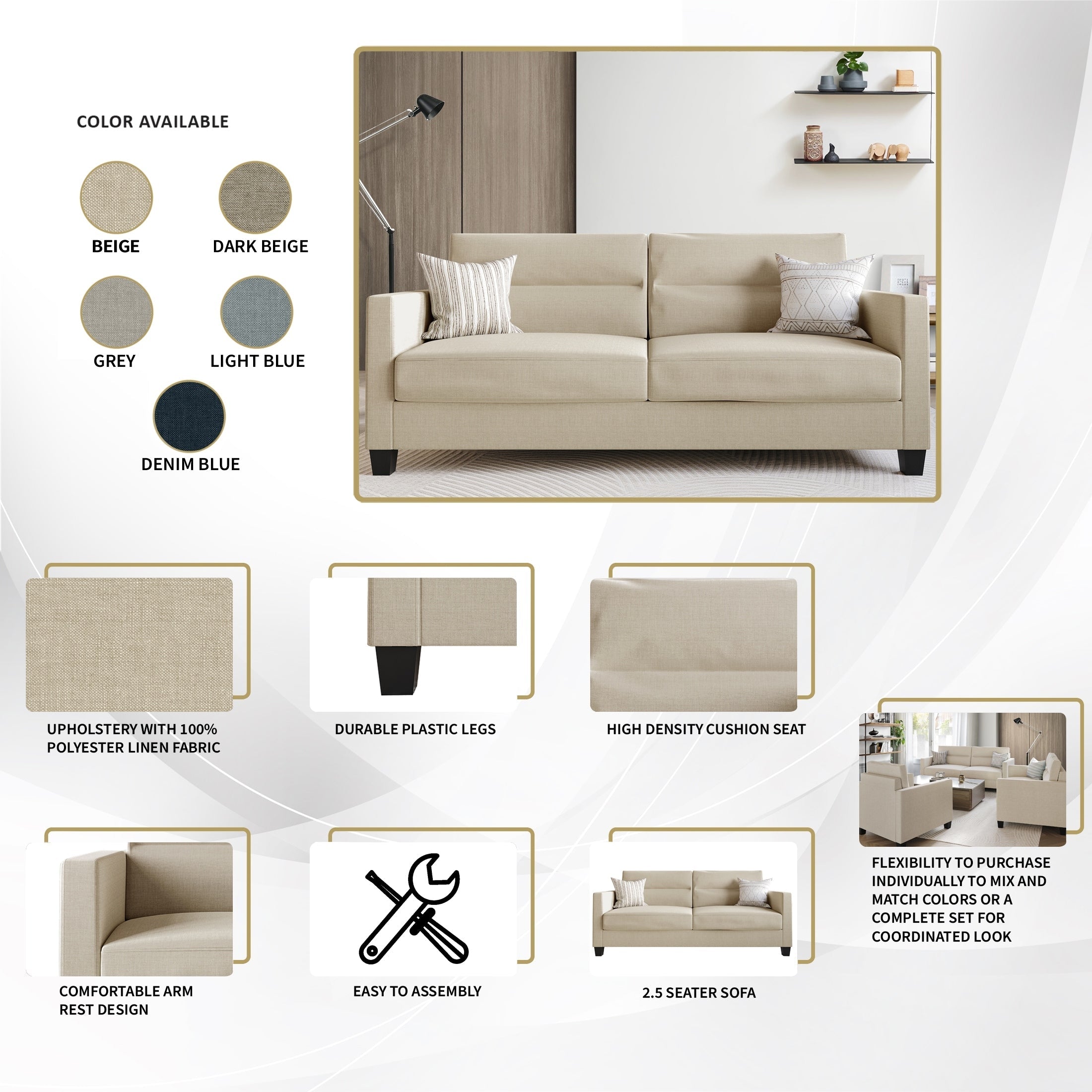 Canapé rembourré en lin épuré et minimaliste de CraftPorch