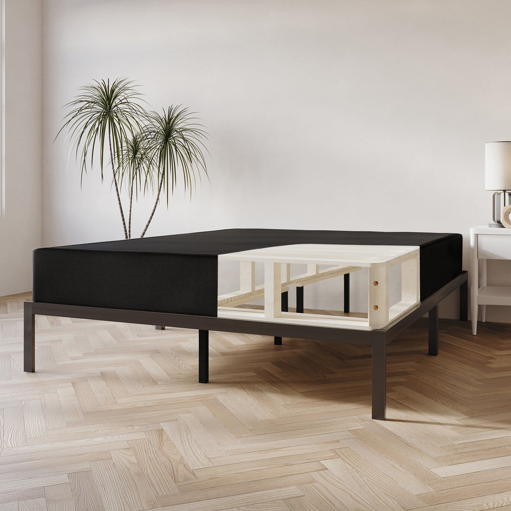 Sommier à ressorts en bois massif CraftPorch de 20 cm avec lattes en bois et revêtement en lin noir