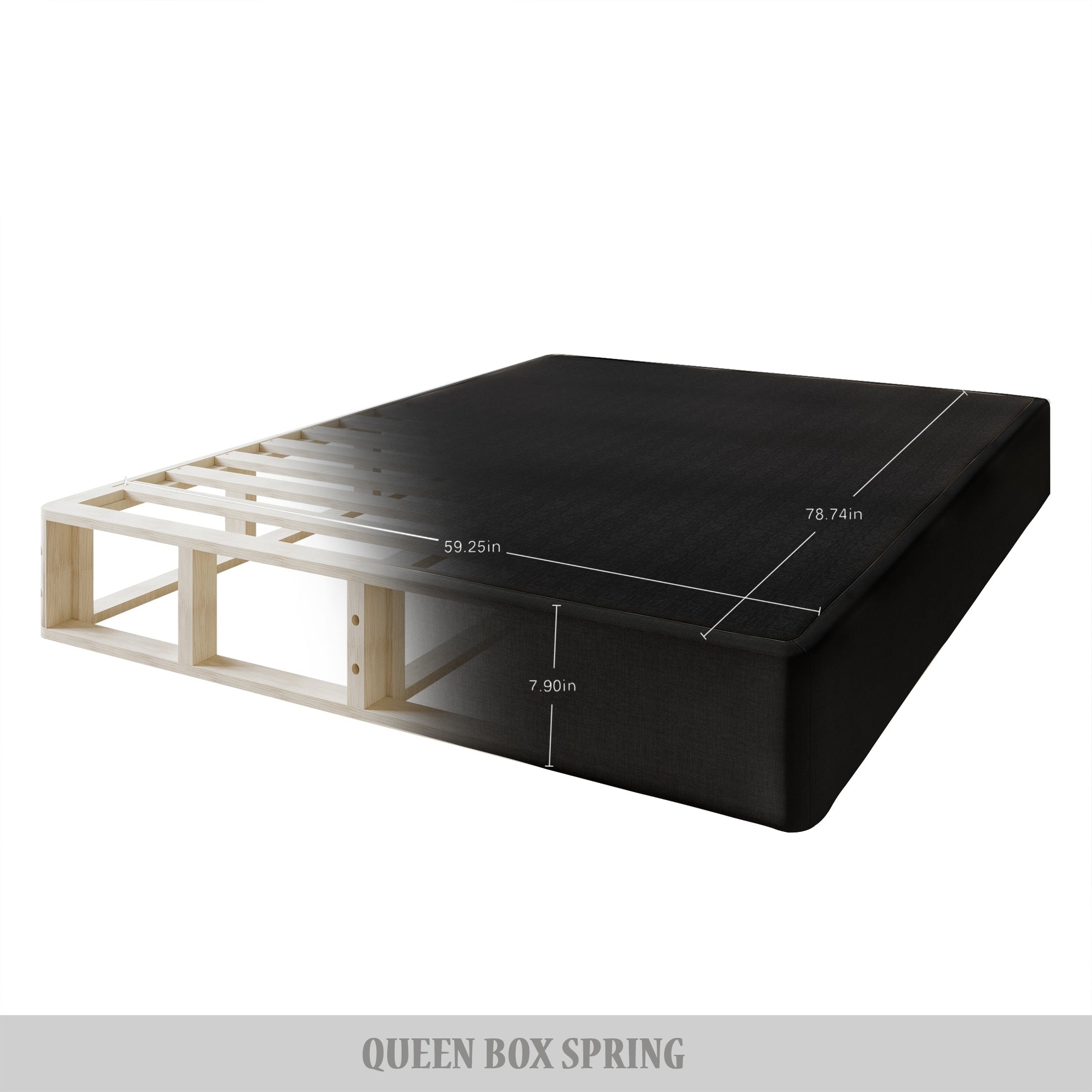 Sommier à ressorts en bois massif CraftPorch de 20 cm avec lattes en bois et revêtement en lin noir