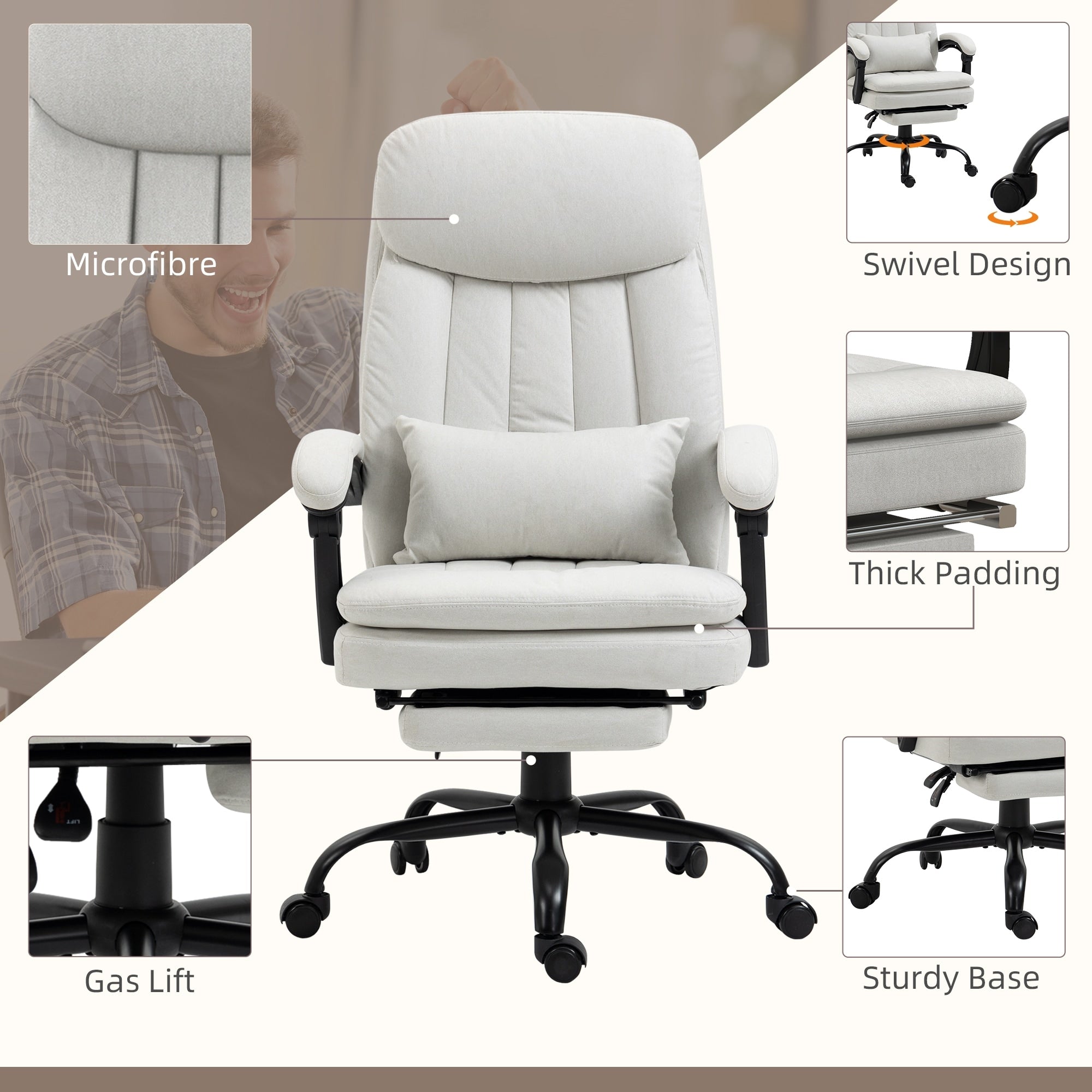 Fauteuil de bureau pivotant à 360° en microfibre crème avec massage par vibrations, chauffage lombaire, coussin lombaire, repose-pieds et hauteur réglable