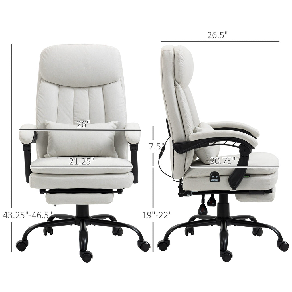Fauteuil de bureau pivotant à 360° en microfibre crème avec massage par vibrations, chauffage lombaire, coussin lombaire, repose-pieds et hauteur réglable