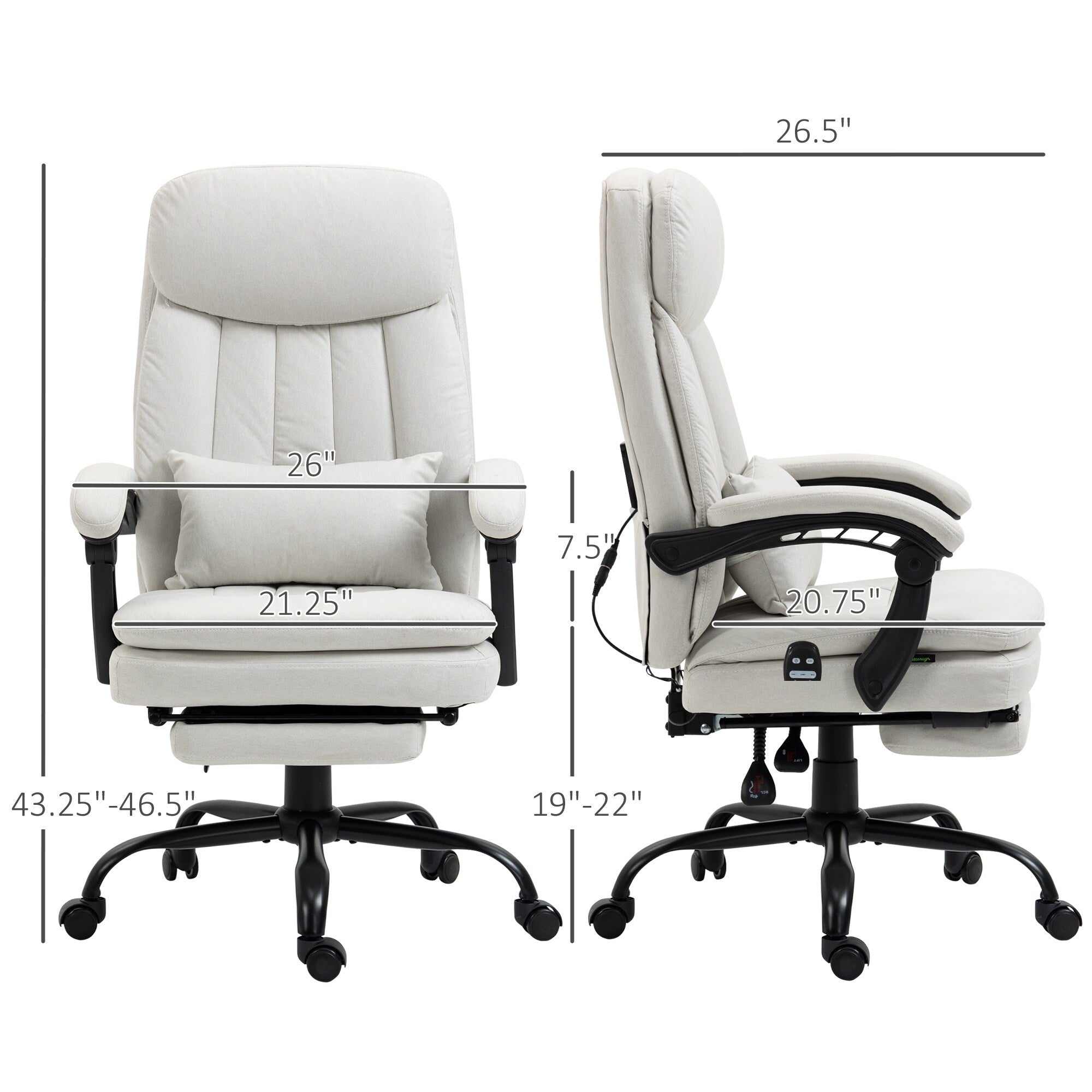 Fauteuil de bureau pivotant à 360° en microfibre crème avec massage par vibrations, chauffage lombaire, coussin lombaire, repose-pieds et hauteur réglable