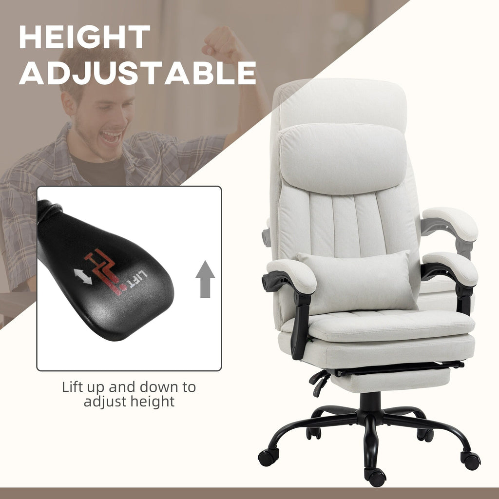 Fauteuil de bureau pivotant à 360° en microfibre crème avec massage par vibrations, chauffage lombaire, coussin lombaire, repose-pieds et hauteur réglable