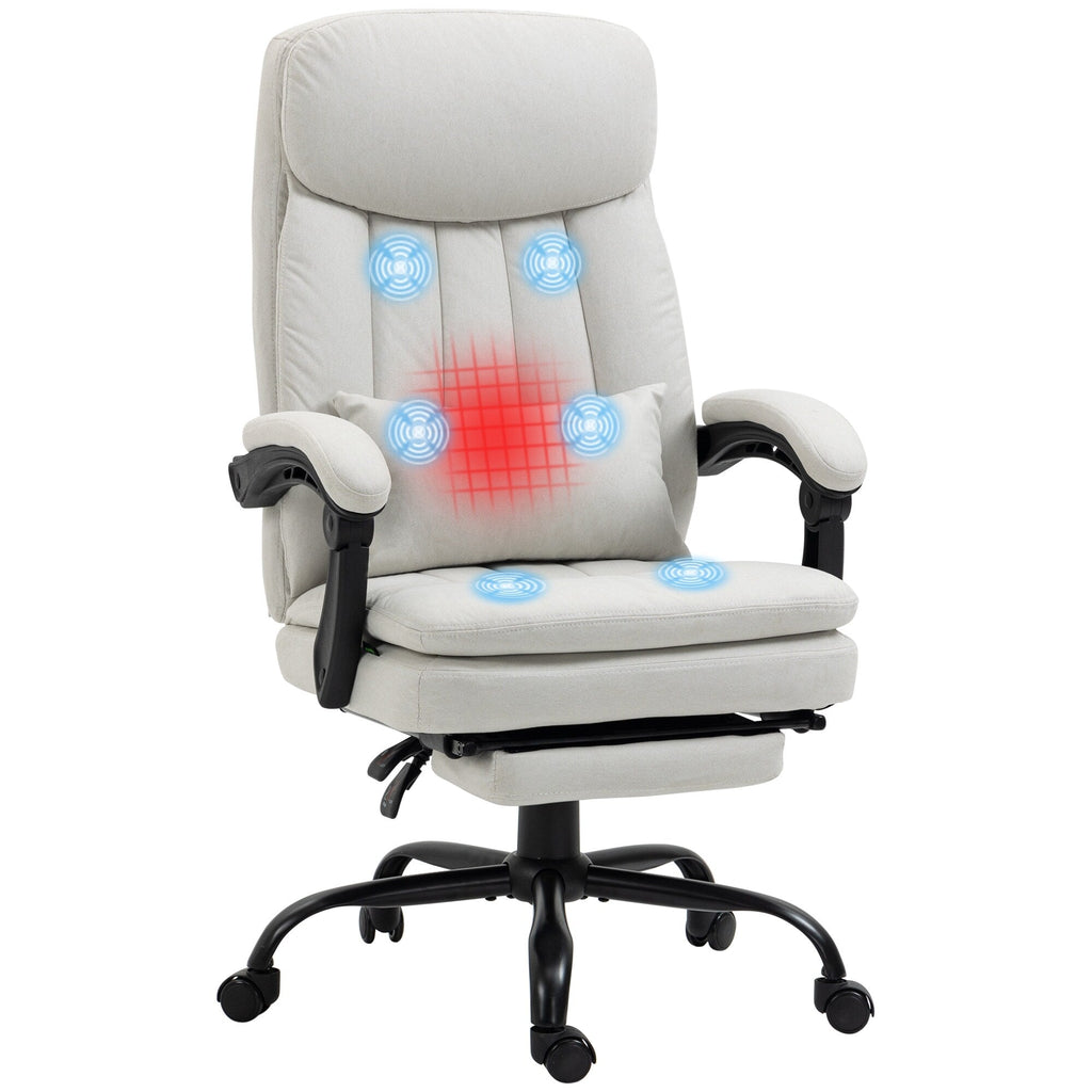 Fauteuil de bureau pivotant à 360° en microfibre crème avec massage par vibrations, chauffage lombaire, coussin lombaire, repose-pieds et hauteur réglable