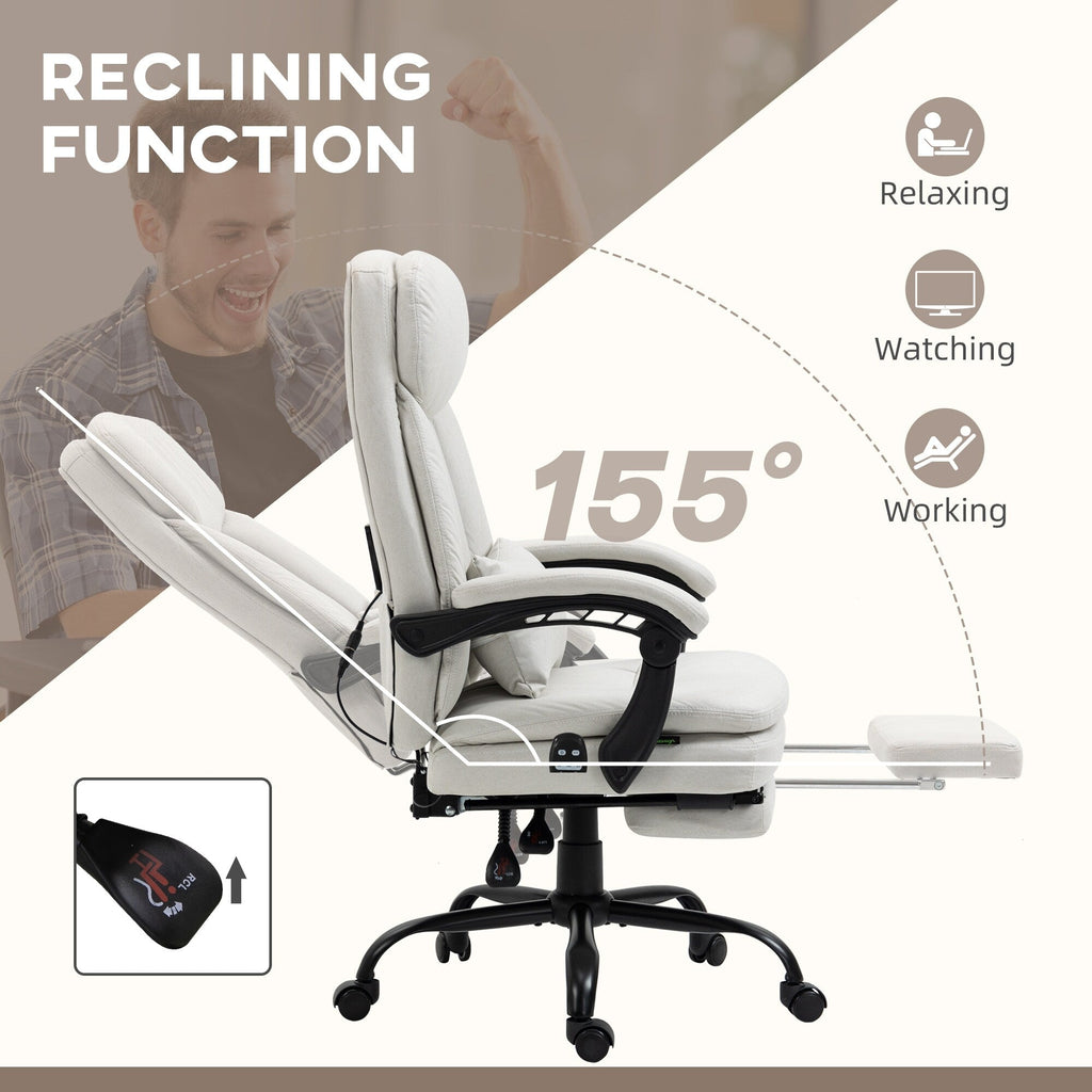 Fauteuil de bureau pivotant à 360° en microfibre crème avec massage par vibrations, chauffage lombaire, coussin lombaire, repose-pieds et hauteur réglable