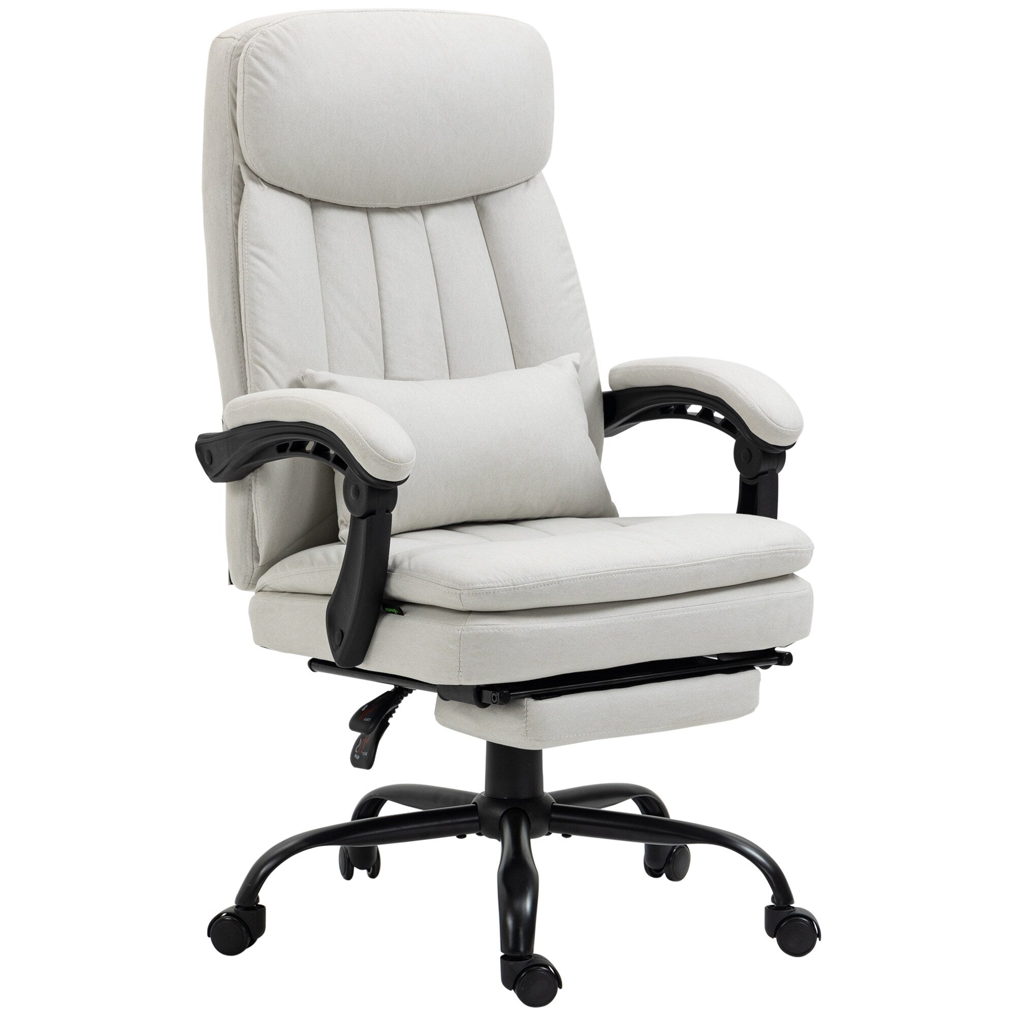 Fauteuil de bureau pivotant à 360° en microfibre crème avec massage par vibrations, chauffage lombaire, coussin lombaire, repose-pieds et hauteur réglable