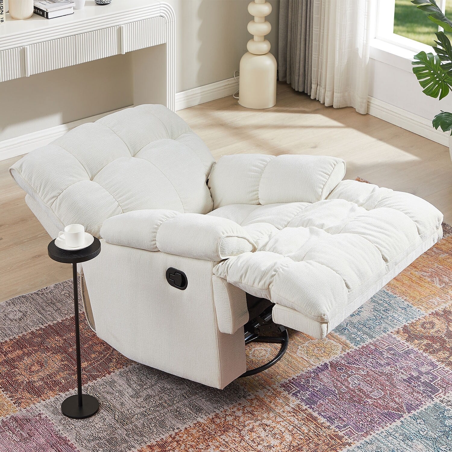Fauteuil inclinable manuel pivotant à 360°, rembourré, couleur crème, avec accoudoirs et siège plus larges pour le salon