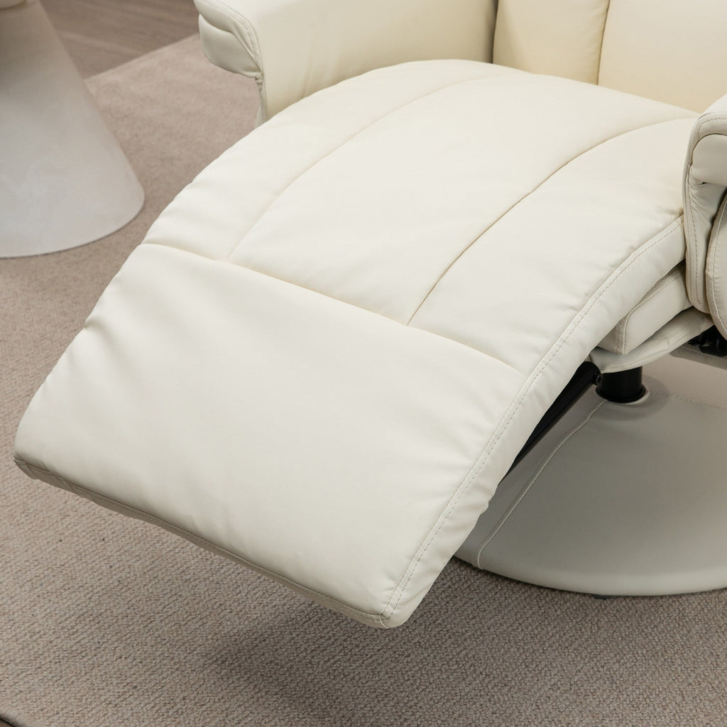 Fauteuil inclinable pivotant en cuir PU crème avec repose-pieds manuel, porte-gobelet, rangement latéral et inclinaison à 135°